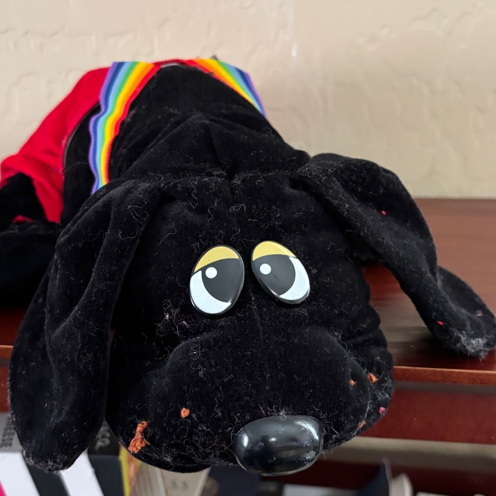 Pound Puppy Tonka Stuffed Animal Black Puppy with Red Pants & Rainbow Straps